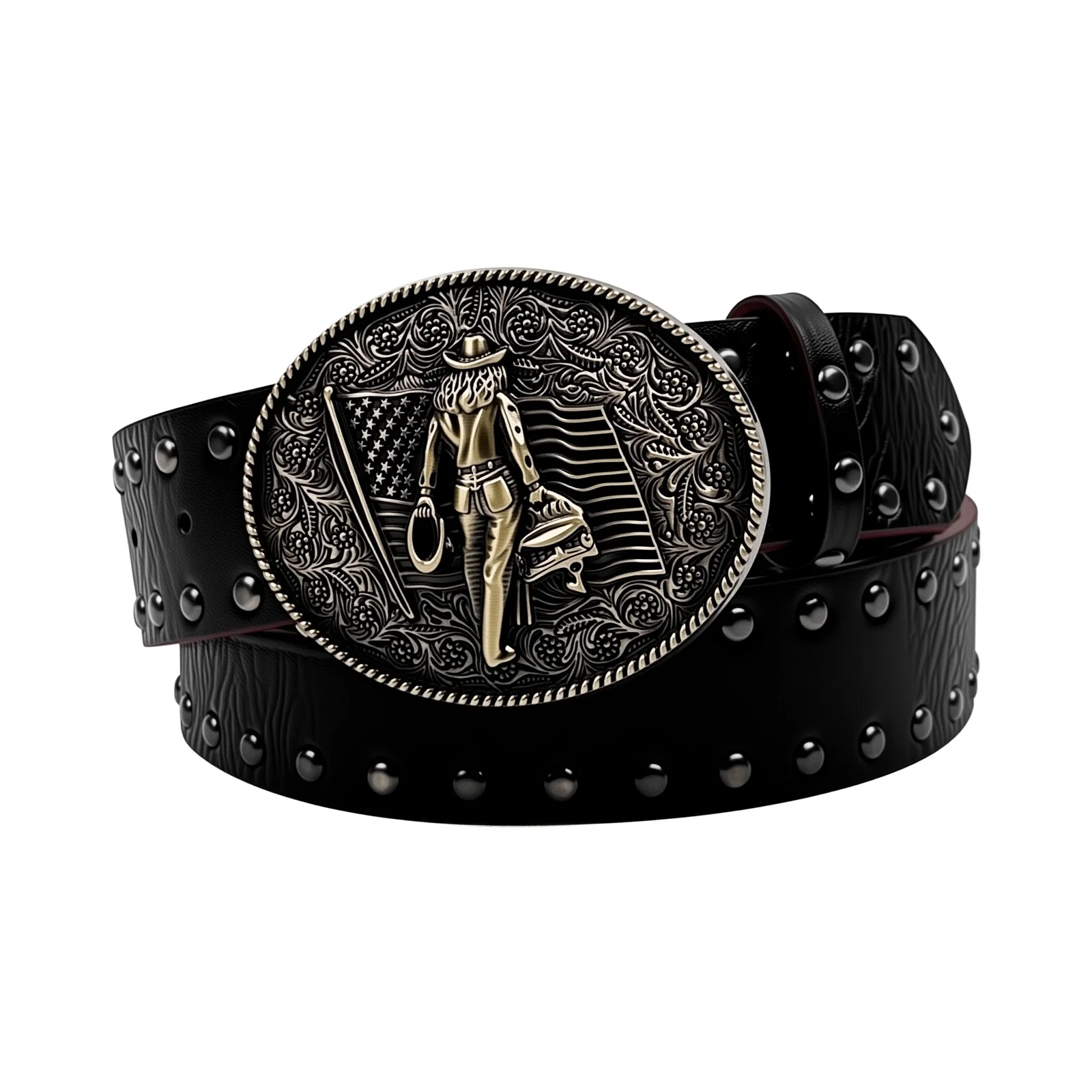 Vintage Western Cowboy Belt for Men Embossed Carved Rivet Distressed Snap Buckle Casual Jeans Waist Belt Street Style
