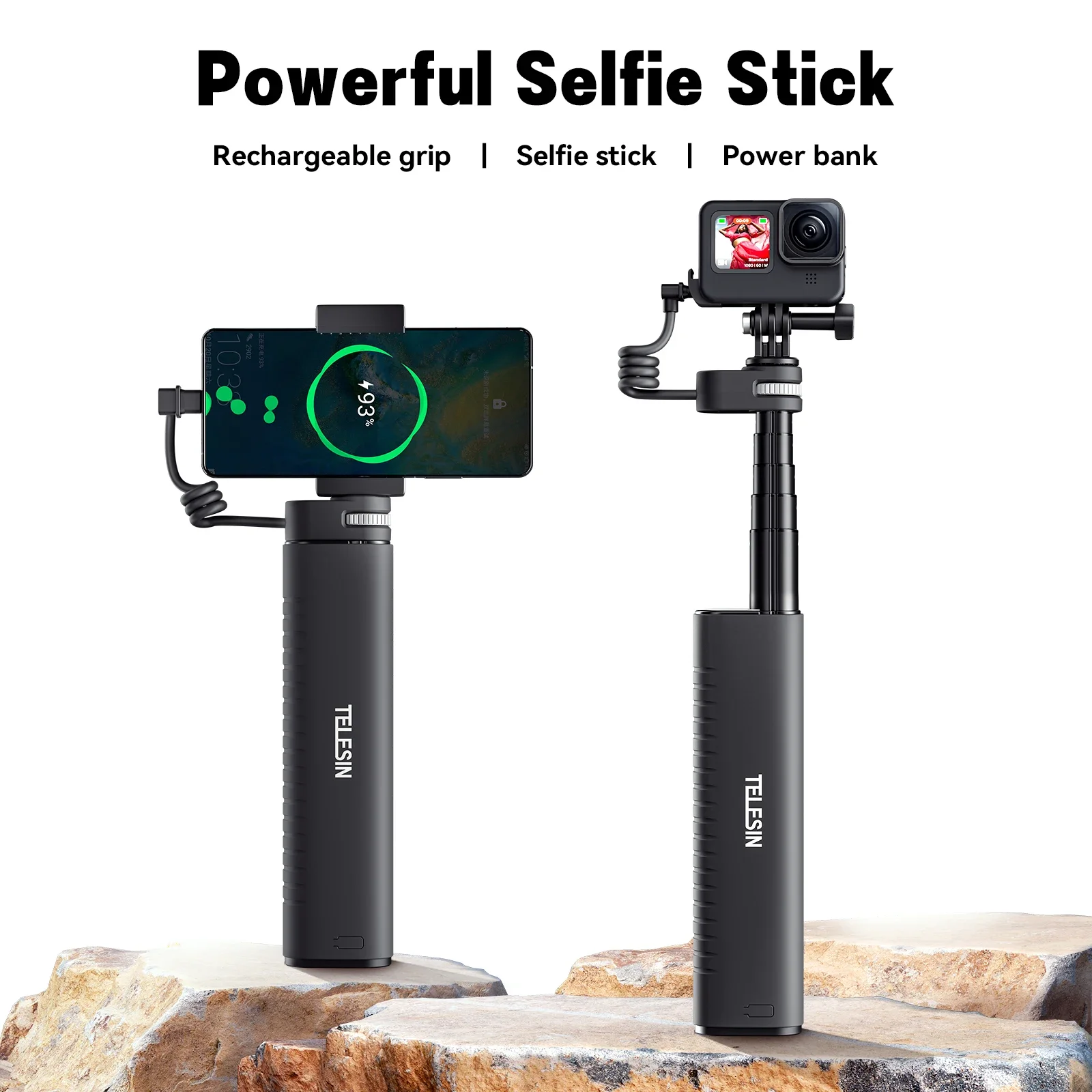 

TELESIN Rechargeable Selfie Stick for Gopro Hero 13 12 11 10 9 DJI OSMO Action 5 4 3 Insta360 High-Capacity Battery HandGrip