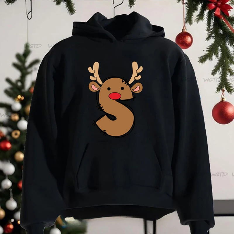 Cute Cartoon Elk Alphabet A-Z Hoodie Women Christmas Surname First Letter Hooded Long Sleeve Xmas Party Holiday Sweatshirts