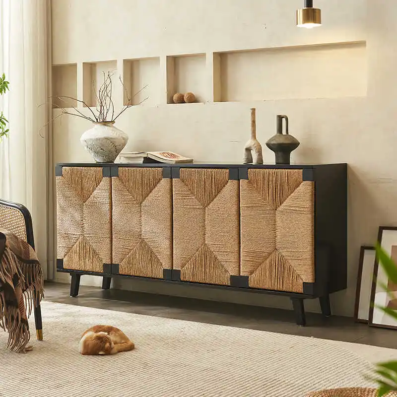 Medieval wabi-sabi style solid wood side cabinet, Nordic style simple hand-woven rattan locker