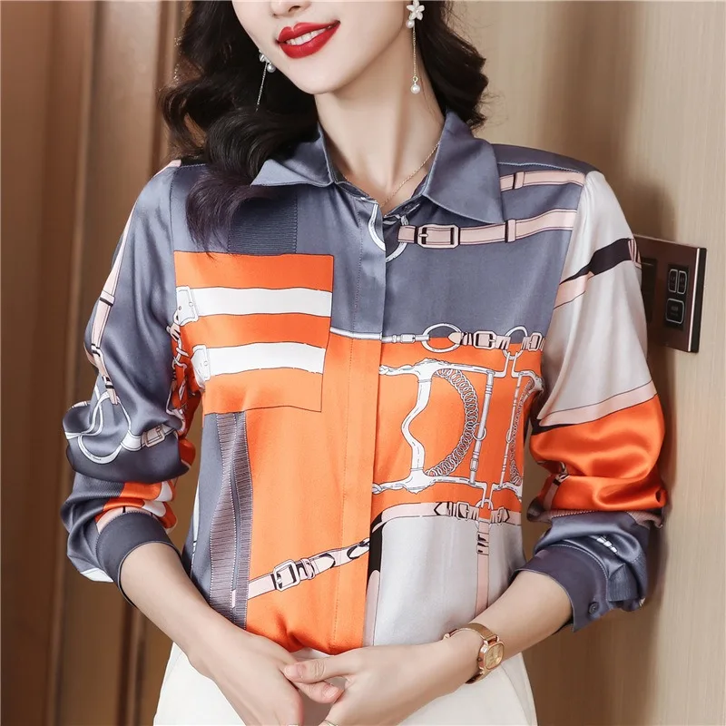 

Fashion Print Imitation Silk Long Sleeves Shirt For Women 2025 Spring Summer Streetwear Trend Elegant Lady Blouses Tops Clothing