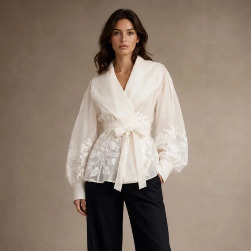 Women Organza Blouse Floral Print Lantern Sleeve Tie Waist Shirt Elegant French Style Large Collar Top Summer Fashion