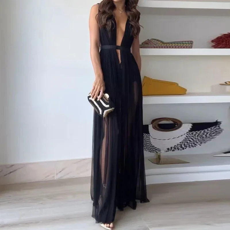 Sexy V-neck Backless Solid Loose Beach Dress Fashion Lace-up Waist Pleated Party Dress Women Elegant See-through Mesh Long Dress