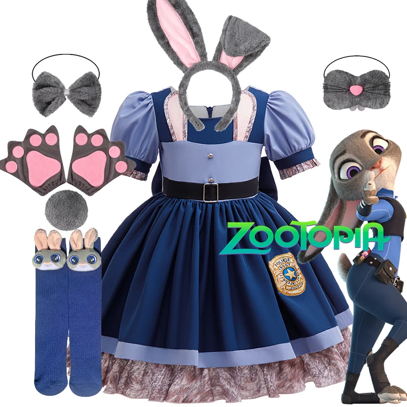 Girl Cosplay Disney Judy Hopps Police Officer Dress Zootopia Bunny Costume Kids Dress Up Halloween Rabbit Dress Outfits view 3
