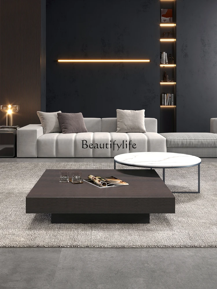 Simple Modern Italian Minimalist Light Luxury Smoked Wood Square round Combined Tea Table Living Room Furniture