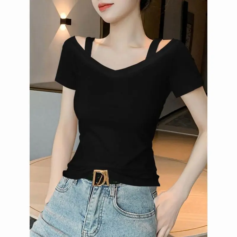 Women Summer Simplicity Slim Office Lady Solid Color Off Shoulder Short Sleeve T-Shirt Women Clothes Casual All-match Trend Tops