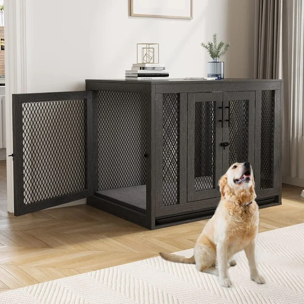 

Dog Crate with Tray and Cushion, Double Doors Wooden Dog Kennel End Table, Decorative Pet Crate House Cage Indoor