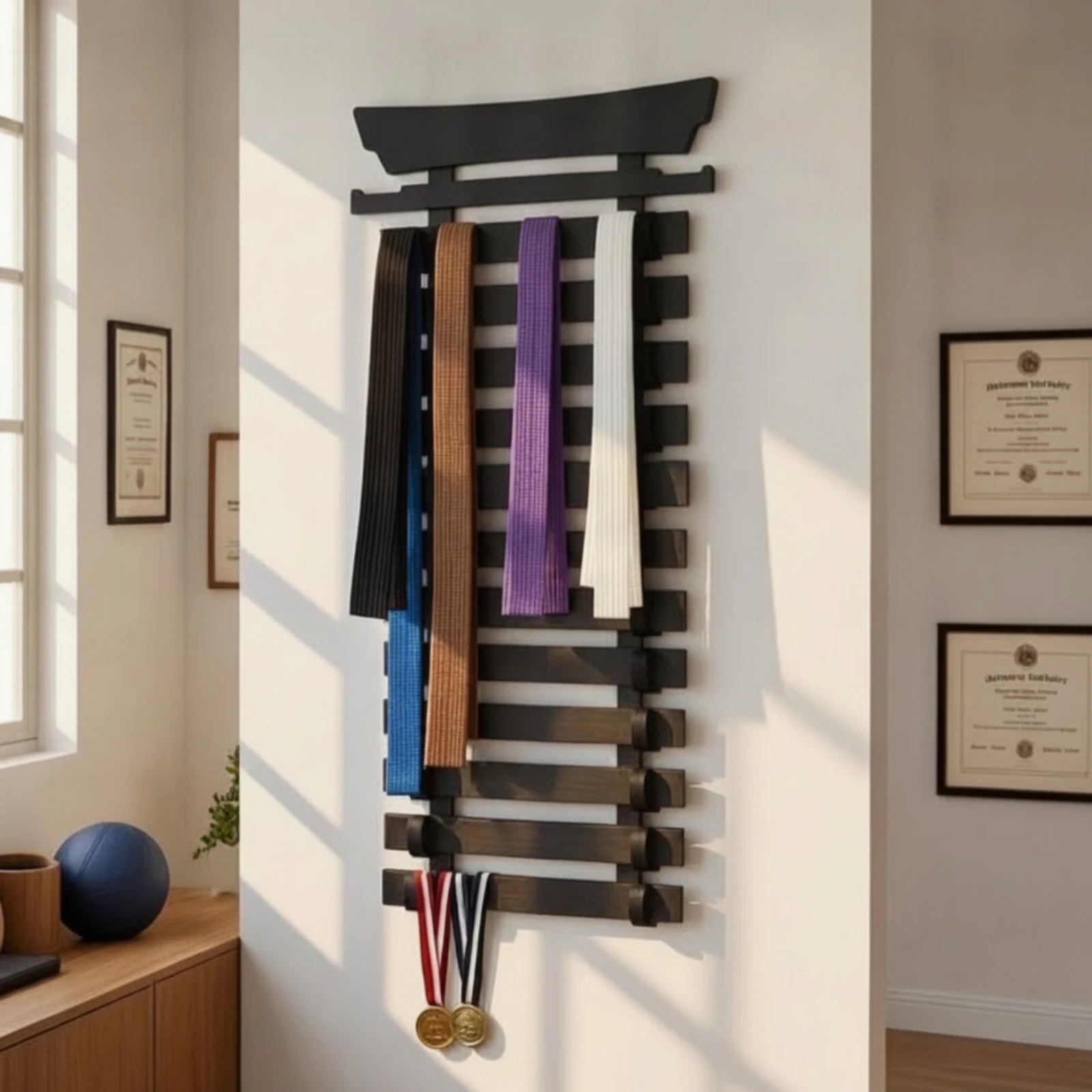 Combat Arts Belt Display Rack with Medal Hanger Customizable Belt Display Holder with Medal Rack Long-Lasting Flat