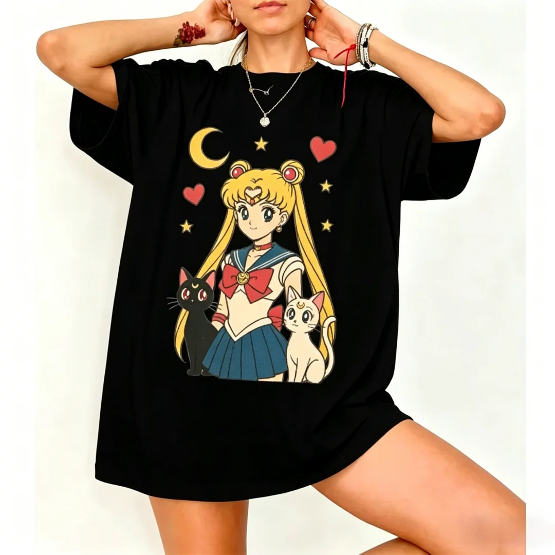 

2026 Vintage Sailor Moon Anime Print T-shirt for Women Kawaii Tsukino Usagi Graphic Oversized Tee Summer Casual Streetwear Tops
