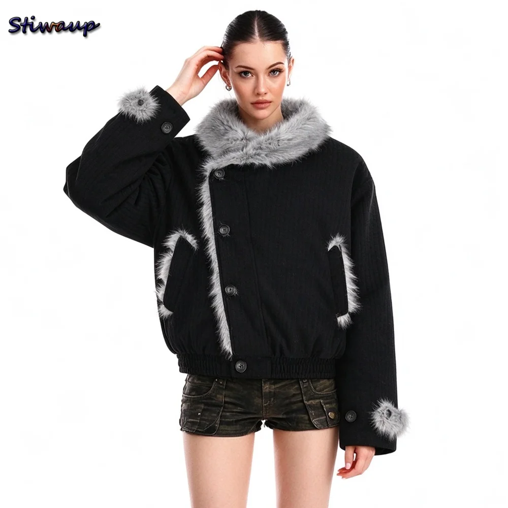 Women's Winter Padded Coat Black Faux Mink Fur Collar Asymmetrical Wrap-Front Thick Warm Waist-Slimming Puffer Jacket Women