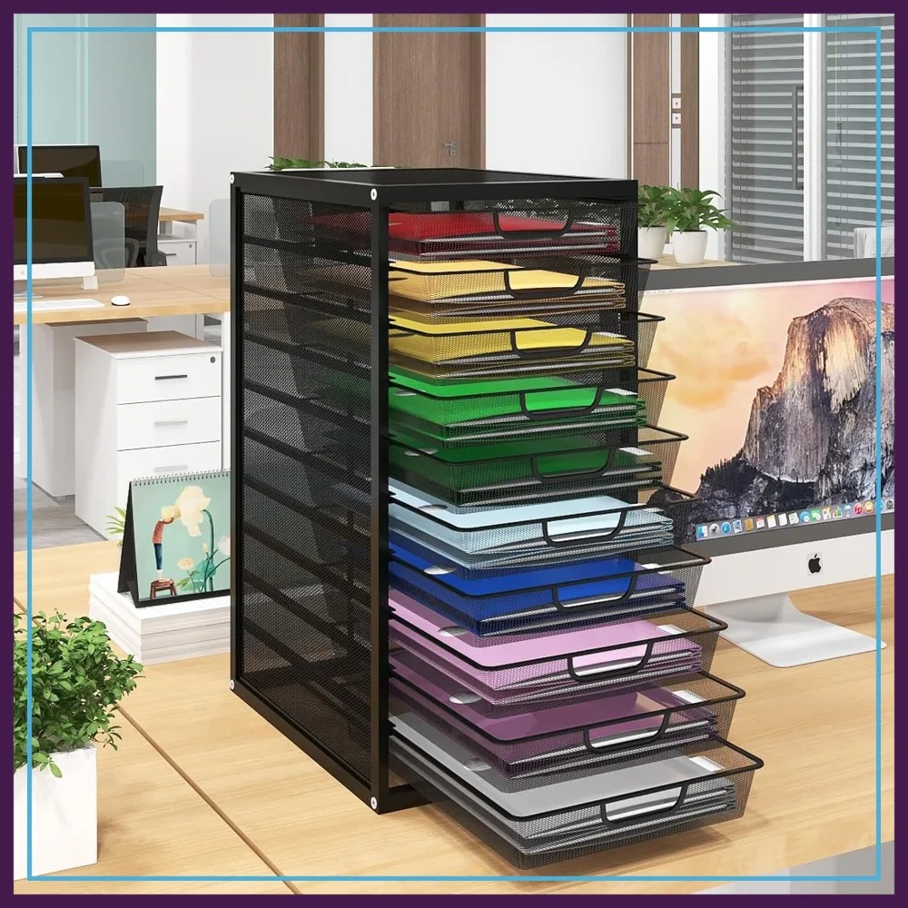 

10 Drawer Mesh File Organizer, Desktop Stationery Storage, Paper Letter Tray, Home Office School, Black