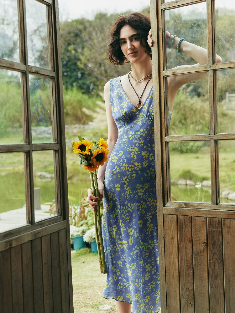 SuyaDream, Woman Long Dress, 100%Real Silk, Bias cut, V Neck, Floral Printed Dresses, 2025 Spring Summer Clothes, Blue