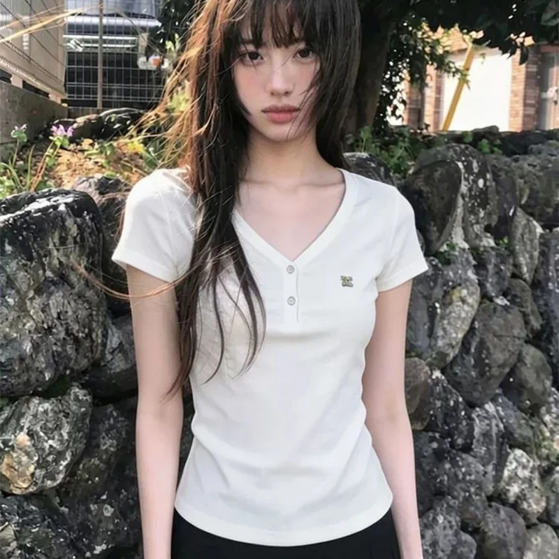 Women Summer Korean White V Neck Short Sleeve T-Shirt Figure Flattering Top Unique Designer All-Match Casual Basic Top
