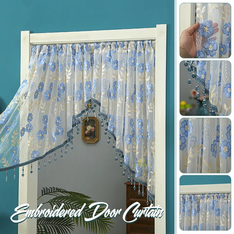 

Embroidery Sheer Valance Door Decor Lace Short Curtain with Tassel Beads Embroidery Sheer Valance for Living Room New