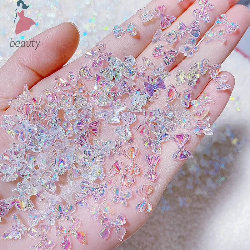 20PCS Auroras Bowknot 3D Nail Art Decoration Resin Nail Charms Jelly Color Glitter Nail Ribbon Bows Butterfly DIY Manicure Salon