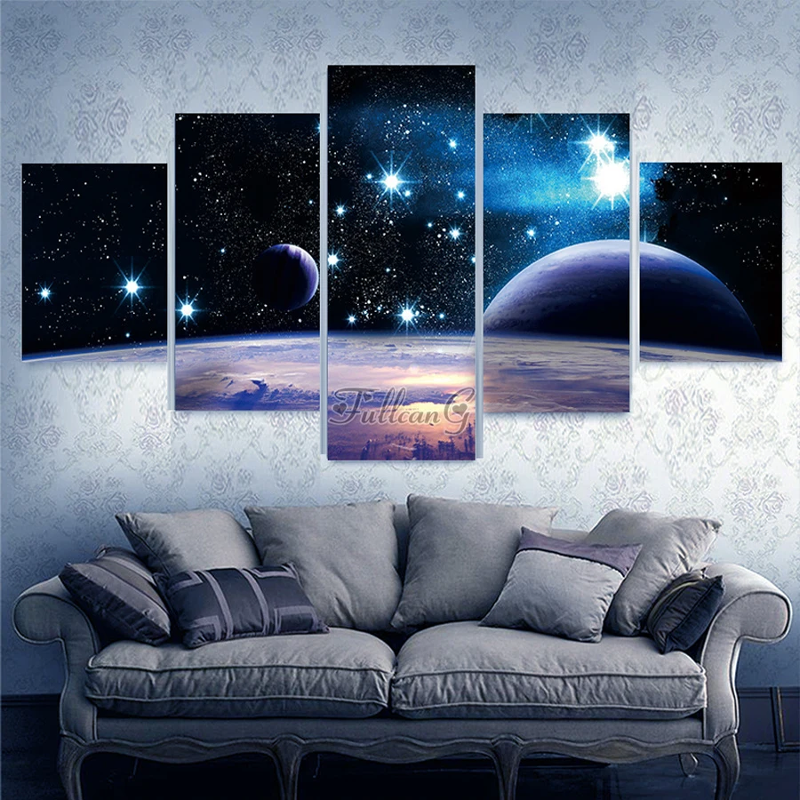 

FULLCANG 5 Piece Diy Diamond Painting Starry Sky Landscape Full Rhinestone Embroidery Planet Universe Space Home Decor FG1594