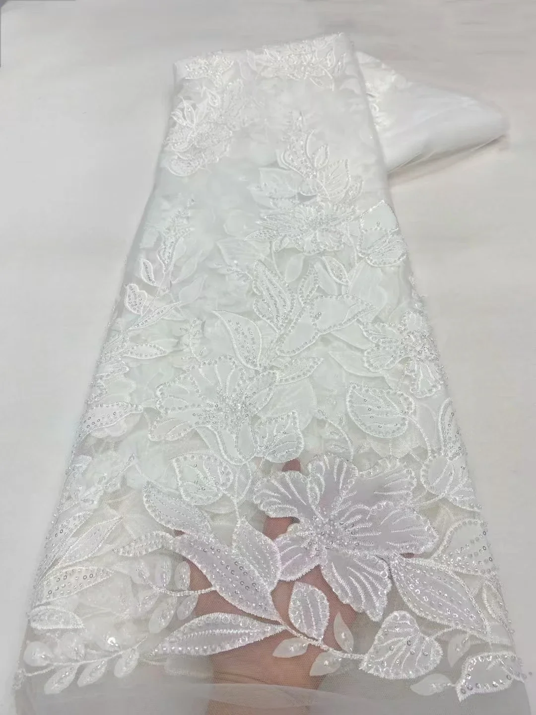 

White Handmade Beads Sequins African Lace Fabric 2025 High Quality Sequins French Nigerian Lace Fabric For Party Dress PXX25127