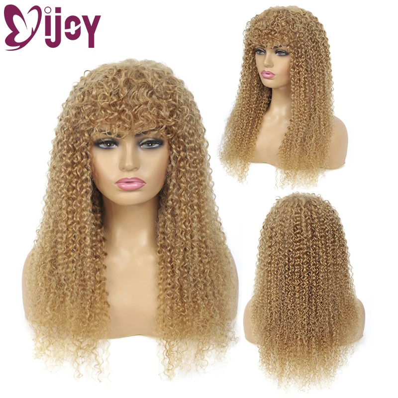 

Kinky Curly Human Hair Wigs With Bangs Honey Blonde Full Machine Made Wigs For Black Women Brazilian Remy Hair Curly Wig IJOY