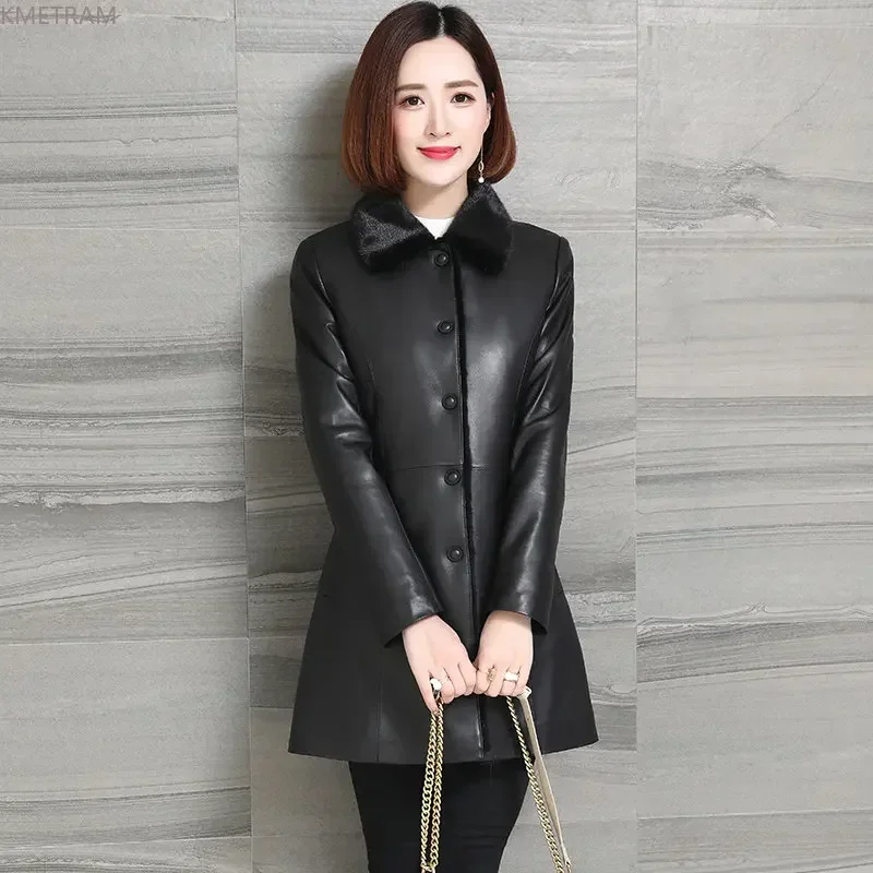 Veste en cuir véritable pour femme, manteau en peau de mouton véritable, combinaison de fourrure de luxe pour femme, vestes en cuir d'hiver, doublure en fourrure de vison, 2024