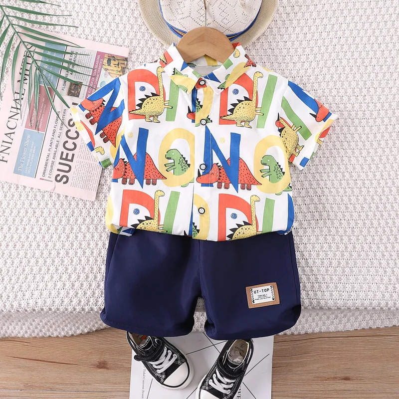 

2024 Boutique Baby Boy Summer Sets Clothes for Kids Boys 2 To 3 Years Dinosaur Letter Print Short Sleeve Shirts and Shorts Suits