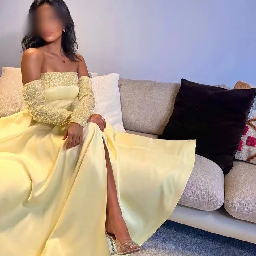 

Customized Prom Dresses Strapless Sequins Detachable Long Sleeves Formal Occasion Women Wear A Line Evening Party Gowns