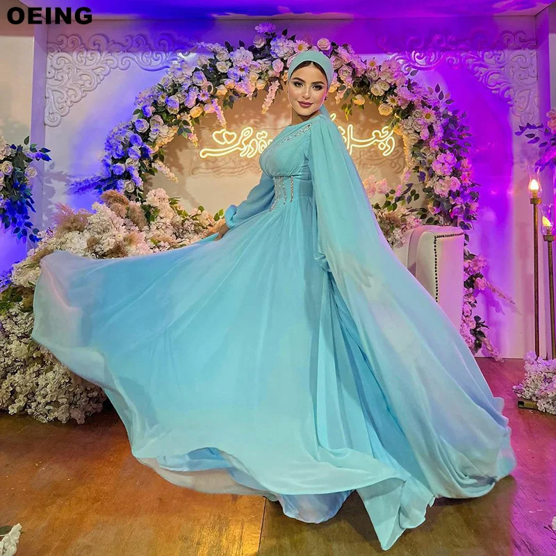 

OEING Sky Blue A-Line Prom Dresses Elegant Puff Sleeves Muslim Evening Dress Formal Occasion Floor Length Gowns For Women