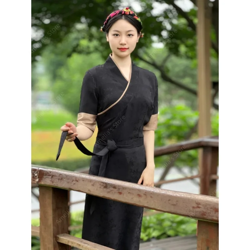 Women's Summer Tibetan Dress Short Sleeve Lhasa Style Wrap Maxi Dress