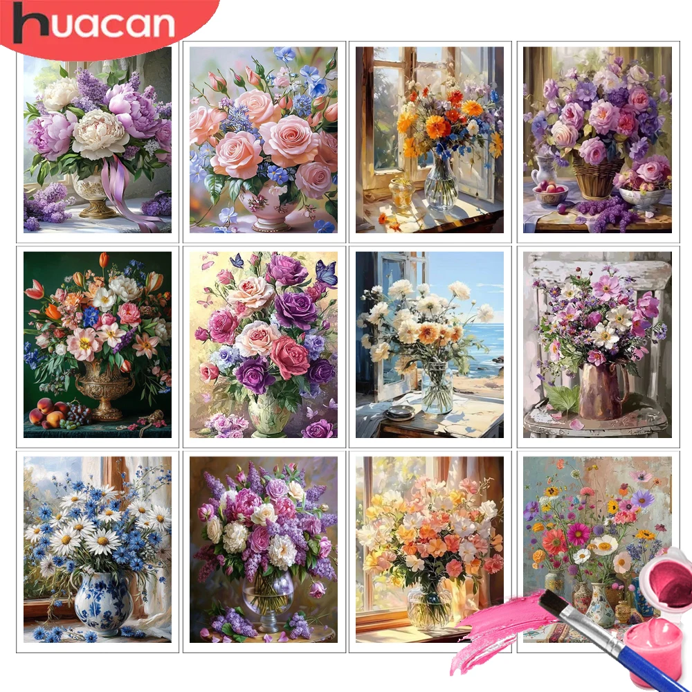 HUACAN Painting By Numbers Adults Rose Flower Drawing By Numbers Daisy Floral Hand Painted Decor For Home Art Crafts