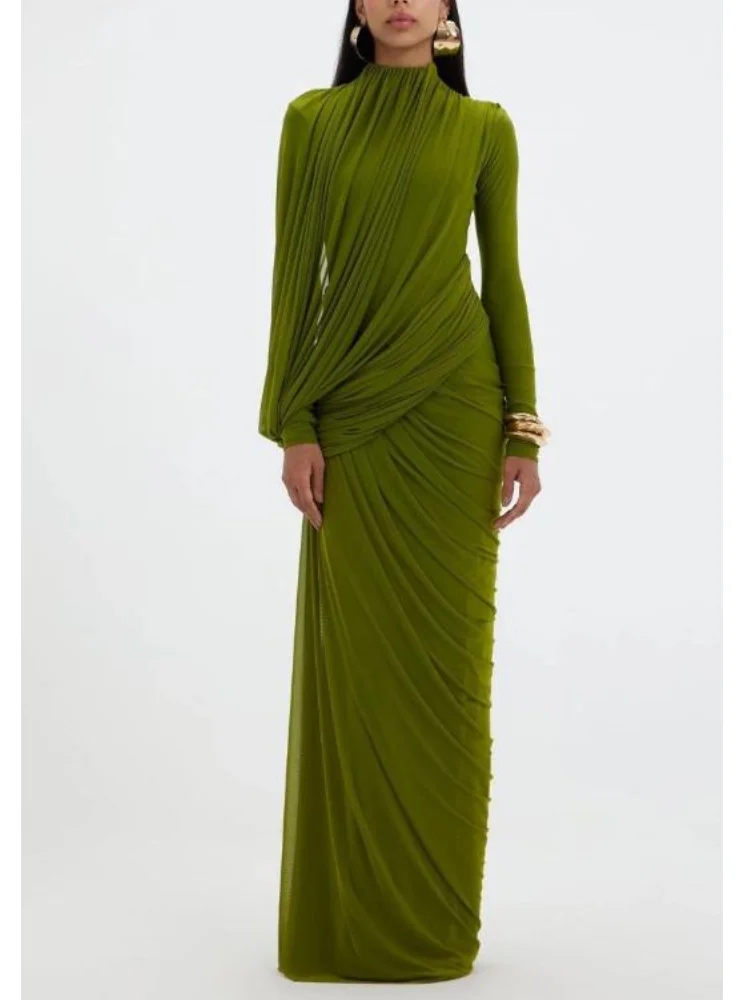 

Autumn Solid Color High Neck Pleated Cross Design Slim Fit Solid Color Hip Hugging Dress for Women's Fashion Design Sense Dress