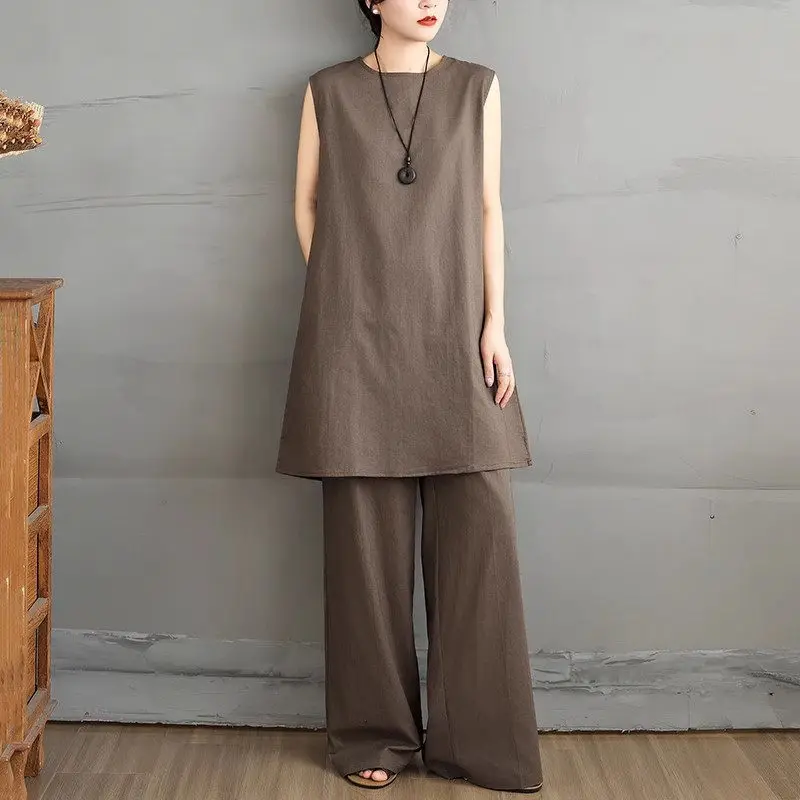 

Женский льняной комплект из жилета без рукавов и брюк | Летний двухсекционный наряд Co-ord | Дышащий повседневный подходящий комплект | G838