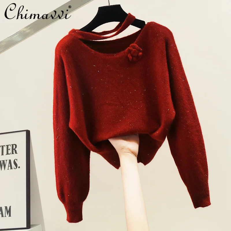 

Fashion Wine Red Round Neck Cross Strap Hollow Out Shiny Silk Sweater Women Autumn Winter New Pullover Loose Elegant Knitted Top
