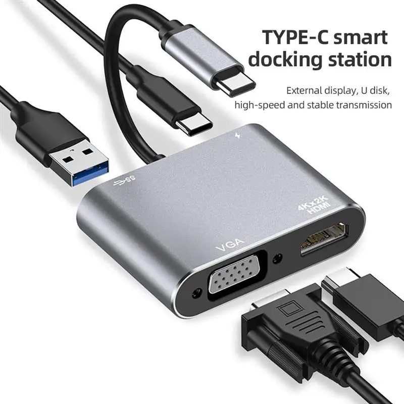 Type-C 4-in-1 Docking Station USB VGA DP HDMI Converter 4K HD Docking Station