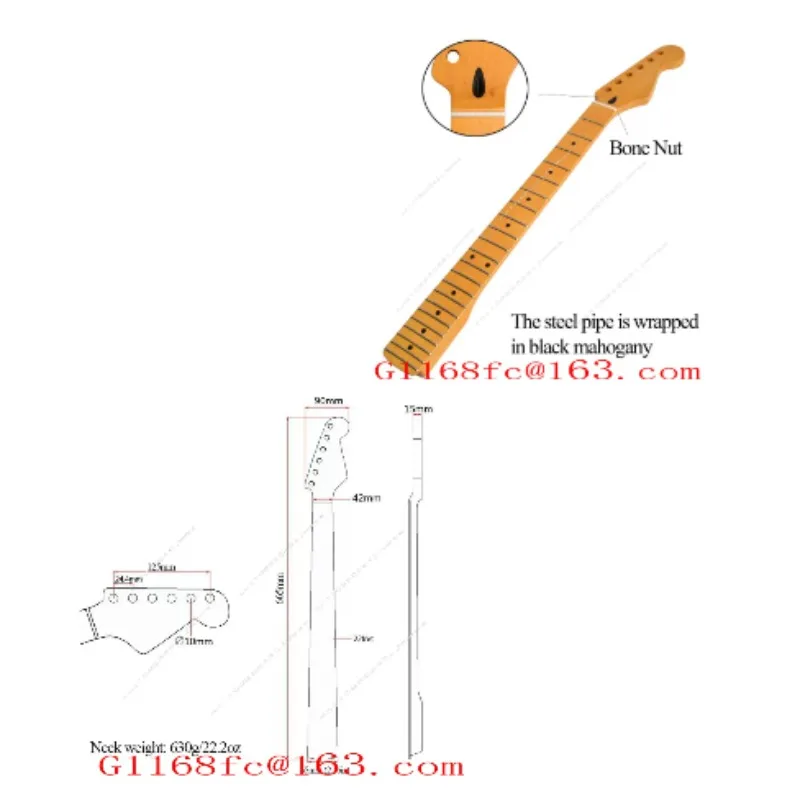Manche de guitare ST 22, finition jaune mat, touche en palissandre, sangle en os de bœuf avec ligne centrale arrière