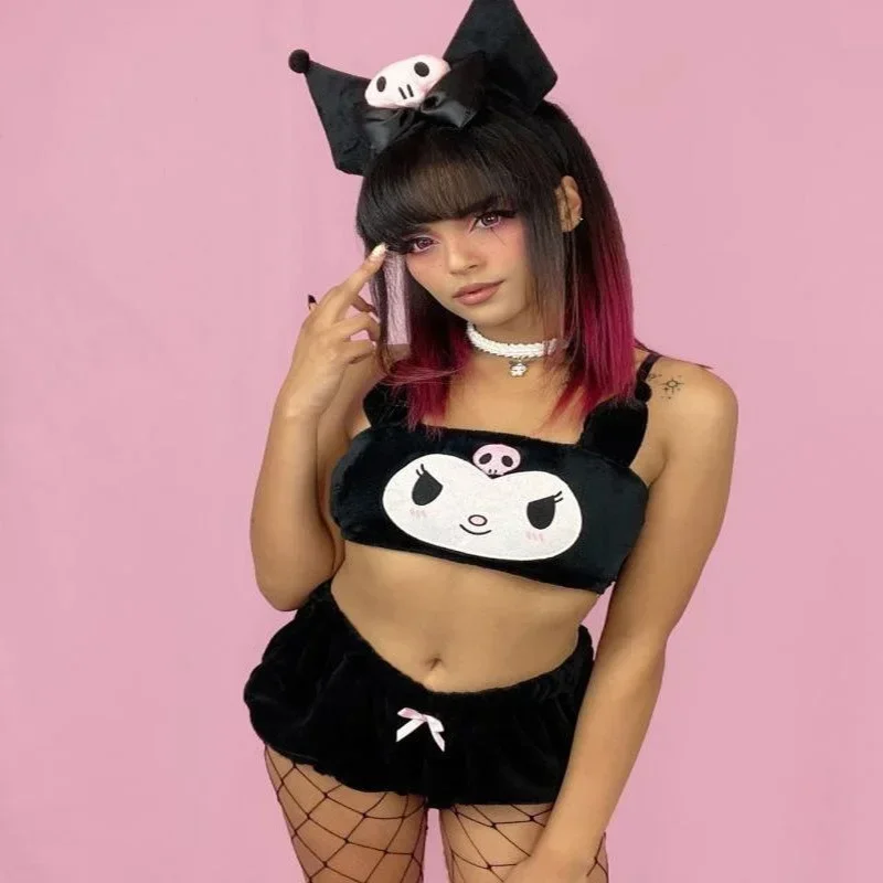 Sanrio Anime Cute Autumn Winter Cinnamoroll My Melody Kuromi Cartoon Pajamas Underwear Bra Little Devil Sexy Home Clothes