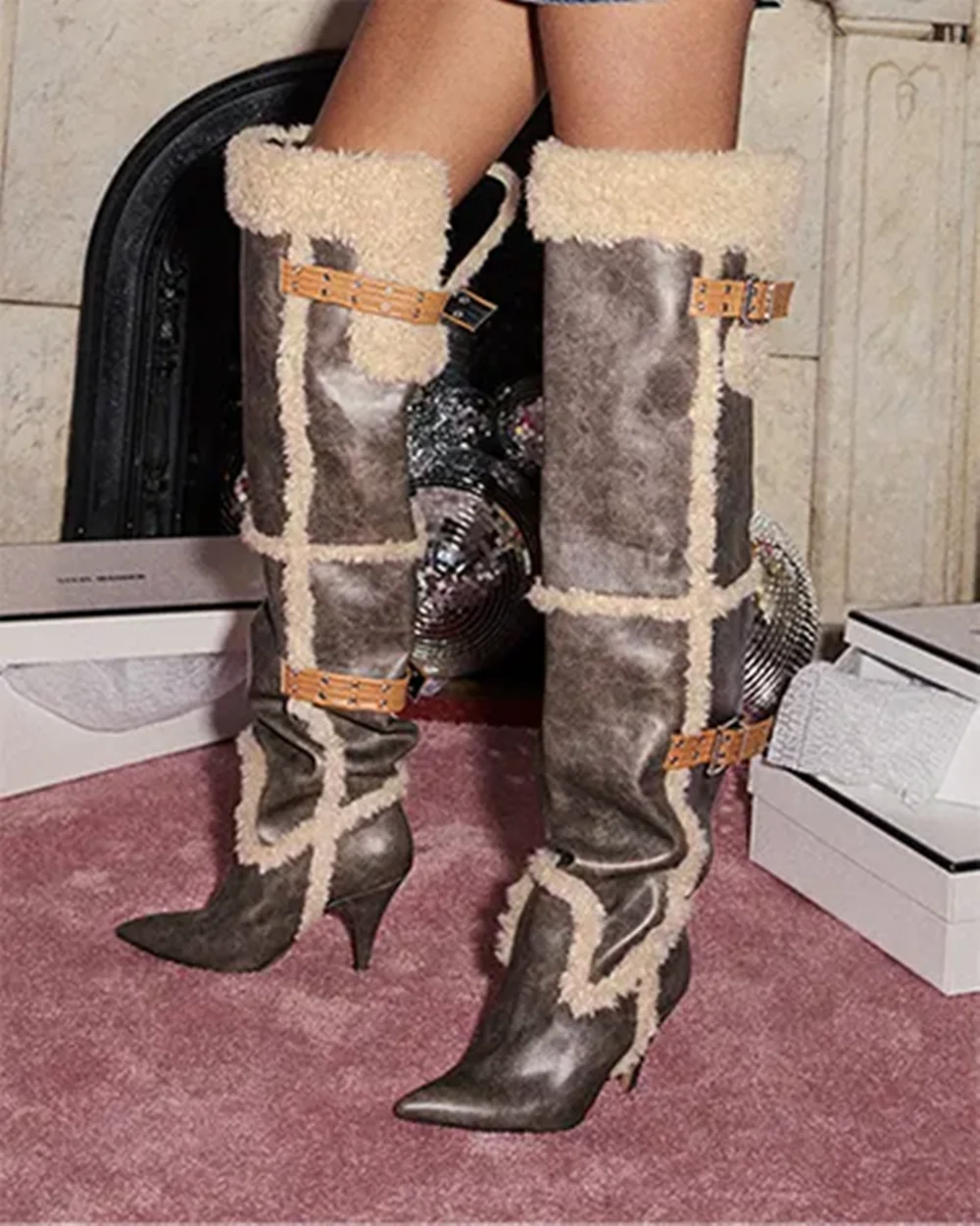 Olive Green Pointed Toe Leather Over-the-Knee Boots Wool Trim Slim Stiletto Heel Brown Buckle Accents Winter Warm Boots