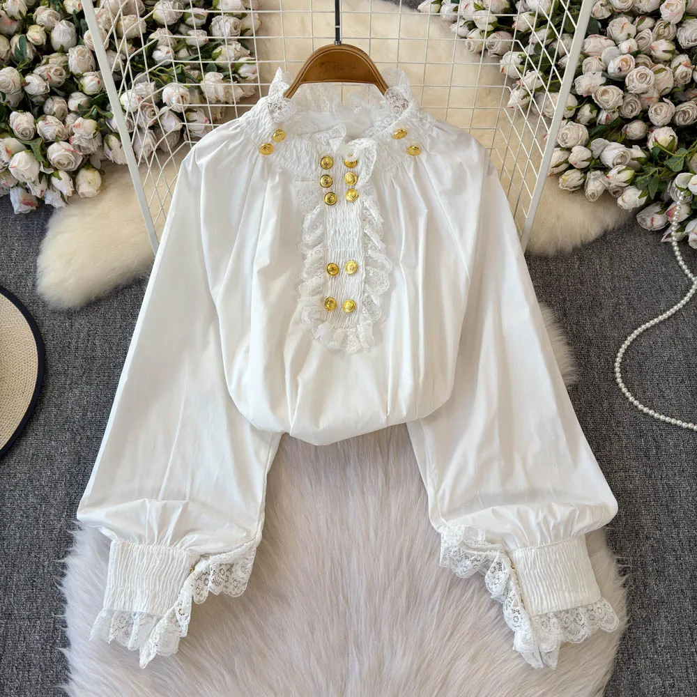 

French Romantic Palace Court Top Shirts Buttons Lace Decor Blouse Party Wedding Dinner Banquets Gothic Vintage Formal Pullovers