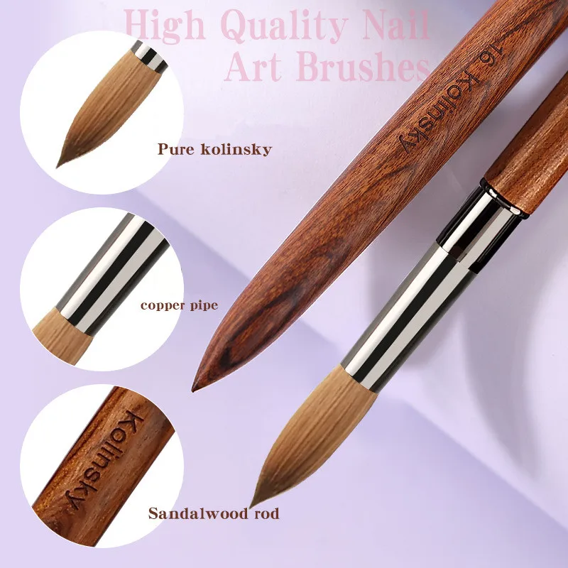 100% コリンスキー毛ネイルアートブラシ アクリルUVジェルカービングペンブラシ 液体パウダーDIYネイルペイント描画ツール サイズ2-18