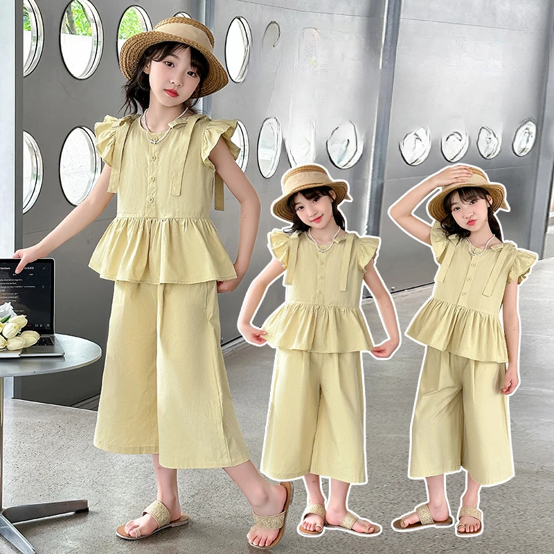 

Girls Suits Sleeveless Summer 2024 New Style Children Vest Top Women Summer Casual Two-piece Set Clothes Simple Casual