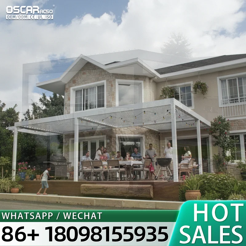 Retractable Aluminum Pergola Waterproof Louvered Outdoor Gazebo with Drainage System Retractable Shade Outdoor Patio Garden Back