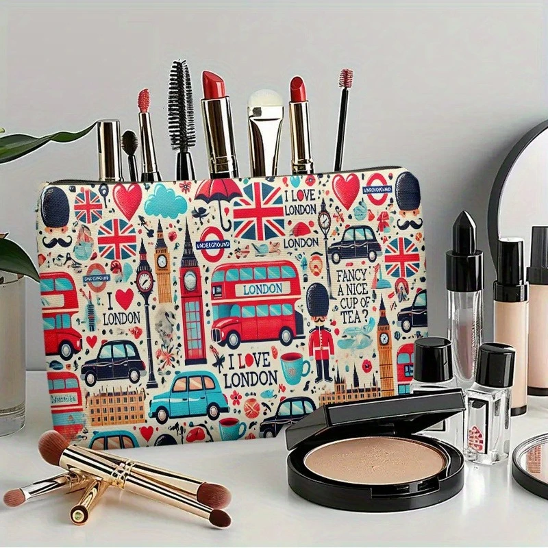 1pc British-Themed Printed Cosmetic Bag - Durable Anti-Fade Zipper Pouch, Portable Multi-Purpose Storage for Makeup