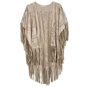 Camel Suede Floral Hollow Out Fringe Tassel Shawl Women Vintage Capes Ponchos Autumn Bohemian Cardigan Cloak Boho Capes 6