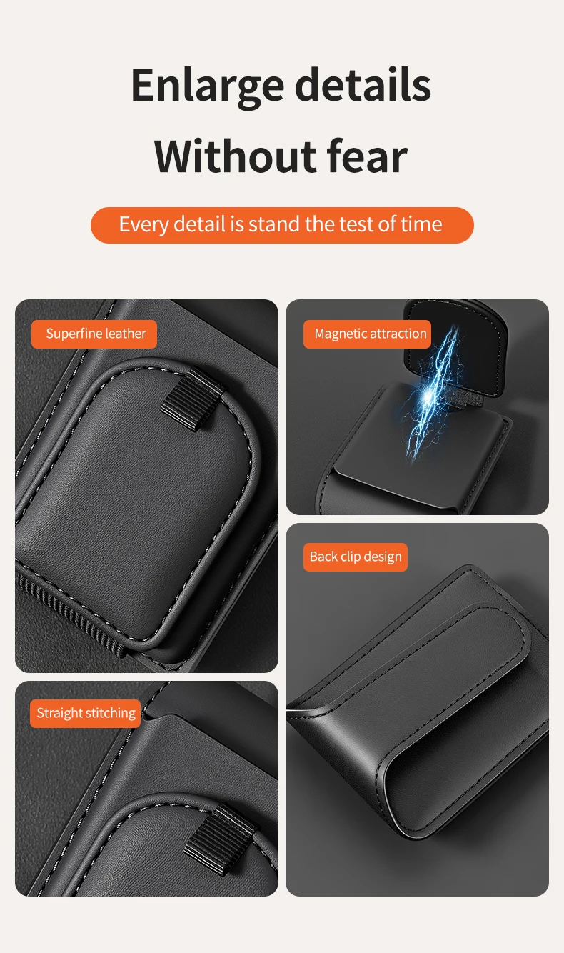 Auto-Sonnenblenden-Brillenhalter aus PU-Leder, magnetischer Brillen-Aufbewahrungskoffer, Karten- und Ticket-Organizer-Clip, Auto-Innenzubehör – Detail 15