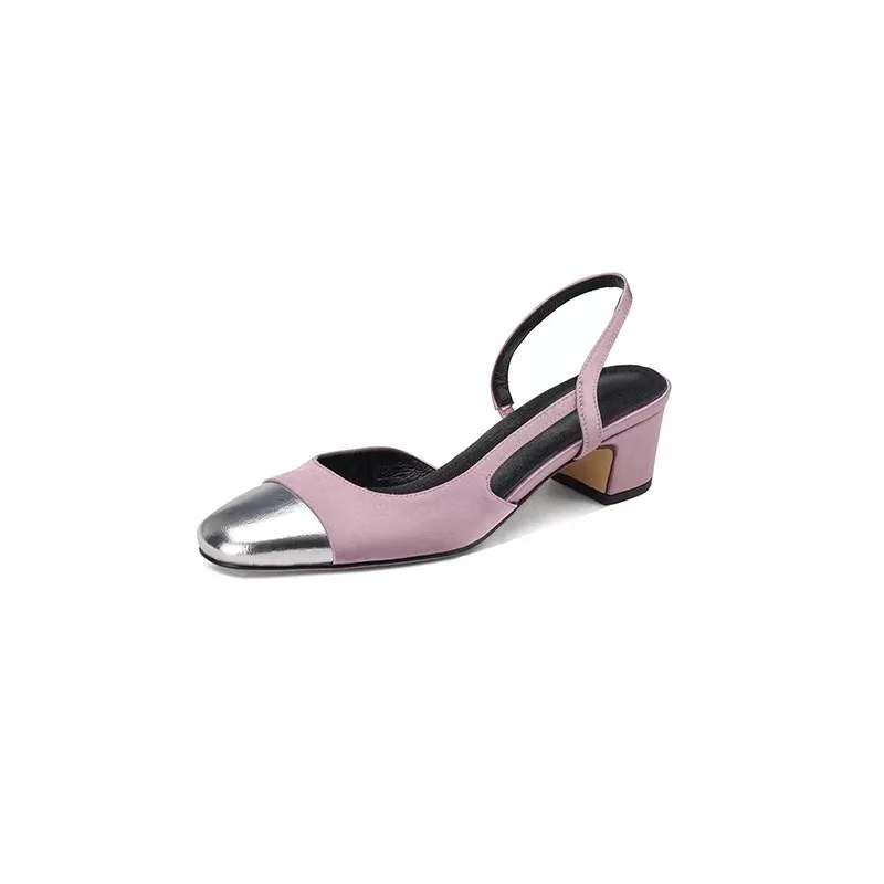 Small Fragrance Colored Baotou Side Air Sandals for Women Round Head Middle Heel  New Summer Style High Heel Shoes for Women
