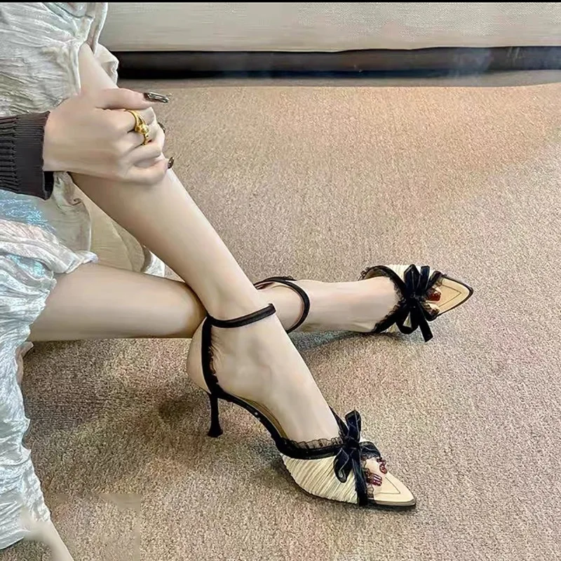 

2026 Summer New Sexy Lace Lace Open Toe Sandals Female Bow Pointy Stiletto High Heels，Fashionable Bow-knotted Lace Women's Shoes