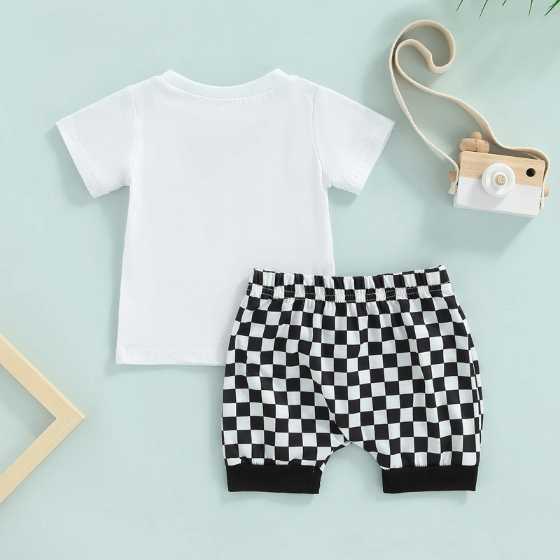 Infant Boys Matching Set Stylish Short Sleeve Tee with Fun Graphic Print Cozy Plaid Shorts with Adjustable Drawstring