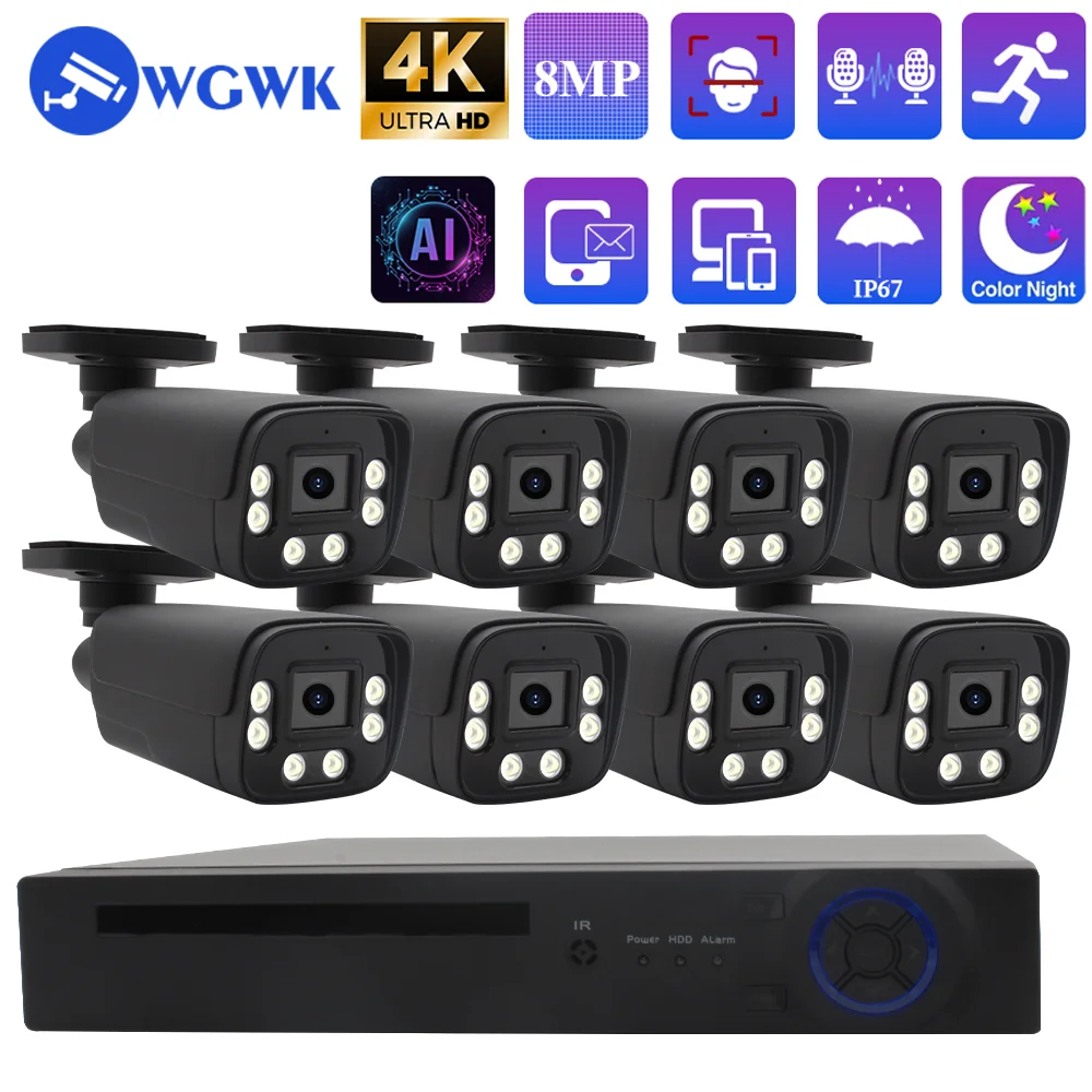 

WGWK 8CH 4K 8MP HD POE CCTV Security Camera System Home Video Surveillance NVR Kit Face Detection Outdoor IP Camera 1/2/3/4T Set