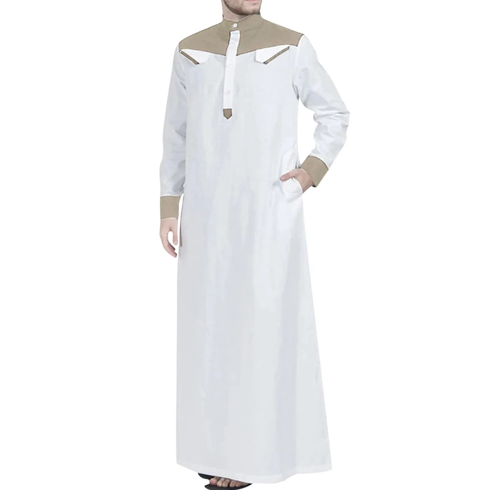 

Mens Casual Long Thobe Color Contrast Muslim Robe Long Sleeve Half Zipper Jubba Thobe Pocket Button Thobe Noble Muslim Robe