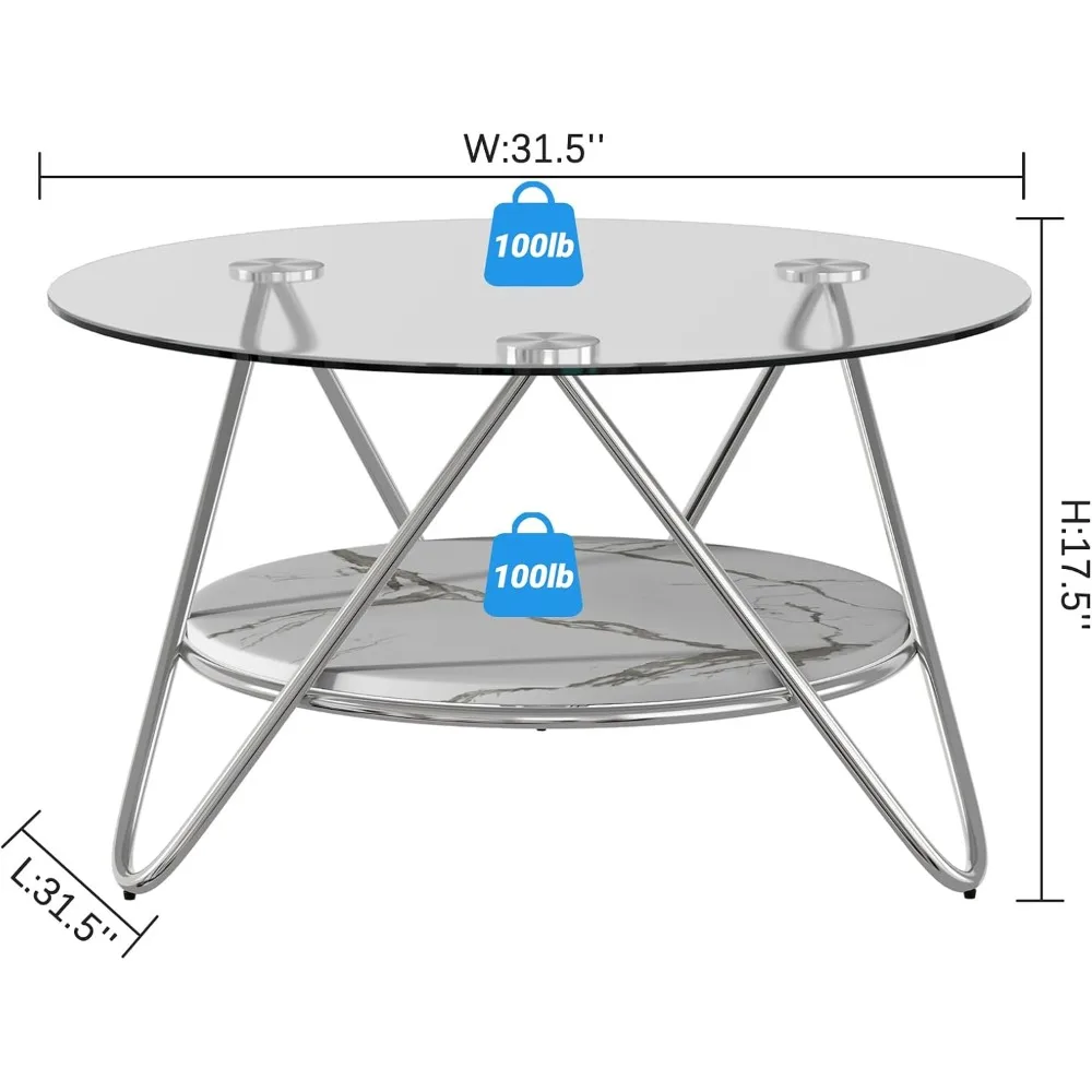 Meja Kopi Bulat dengan Penyimpanan, Meja Kopi Kaca 2 Tingkat untuk Ruang Tamu, Meja Tamu Modern dengan Kaca Tempered & Logam