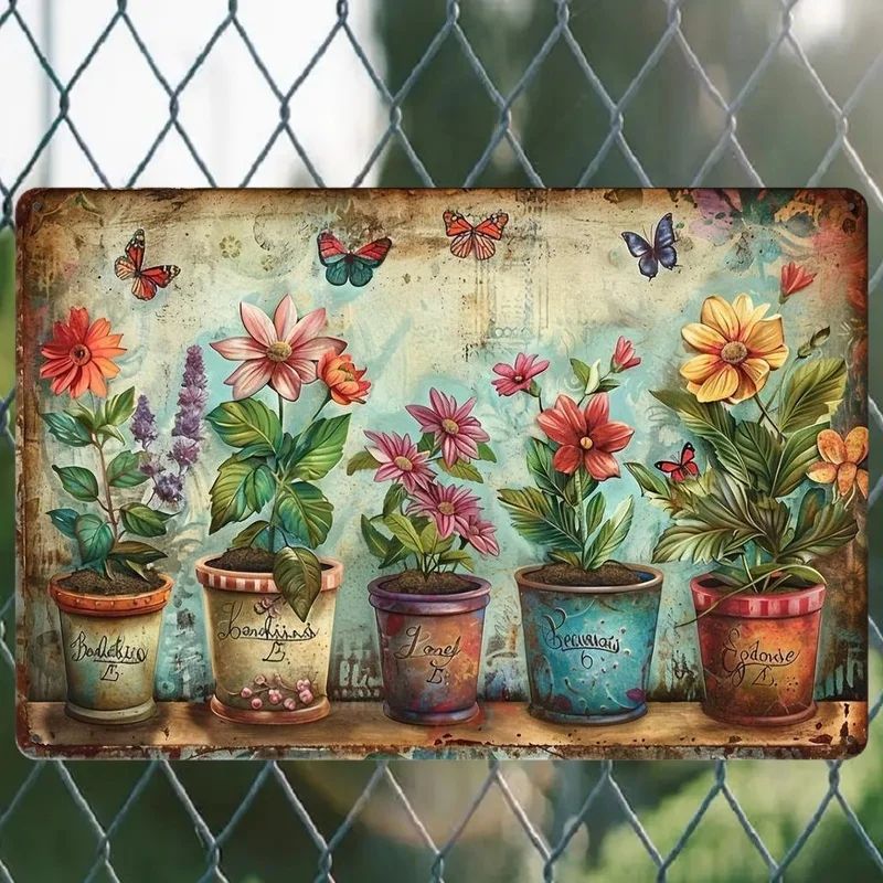 Bezauberndes Vintage-Garten-Metallschild – rustikale Topfpflanzen und farbenfrohes Blumen-Design, langlebige Eisen-Wandkunst für die Dekoration zu Hause und im Büro