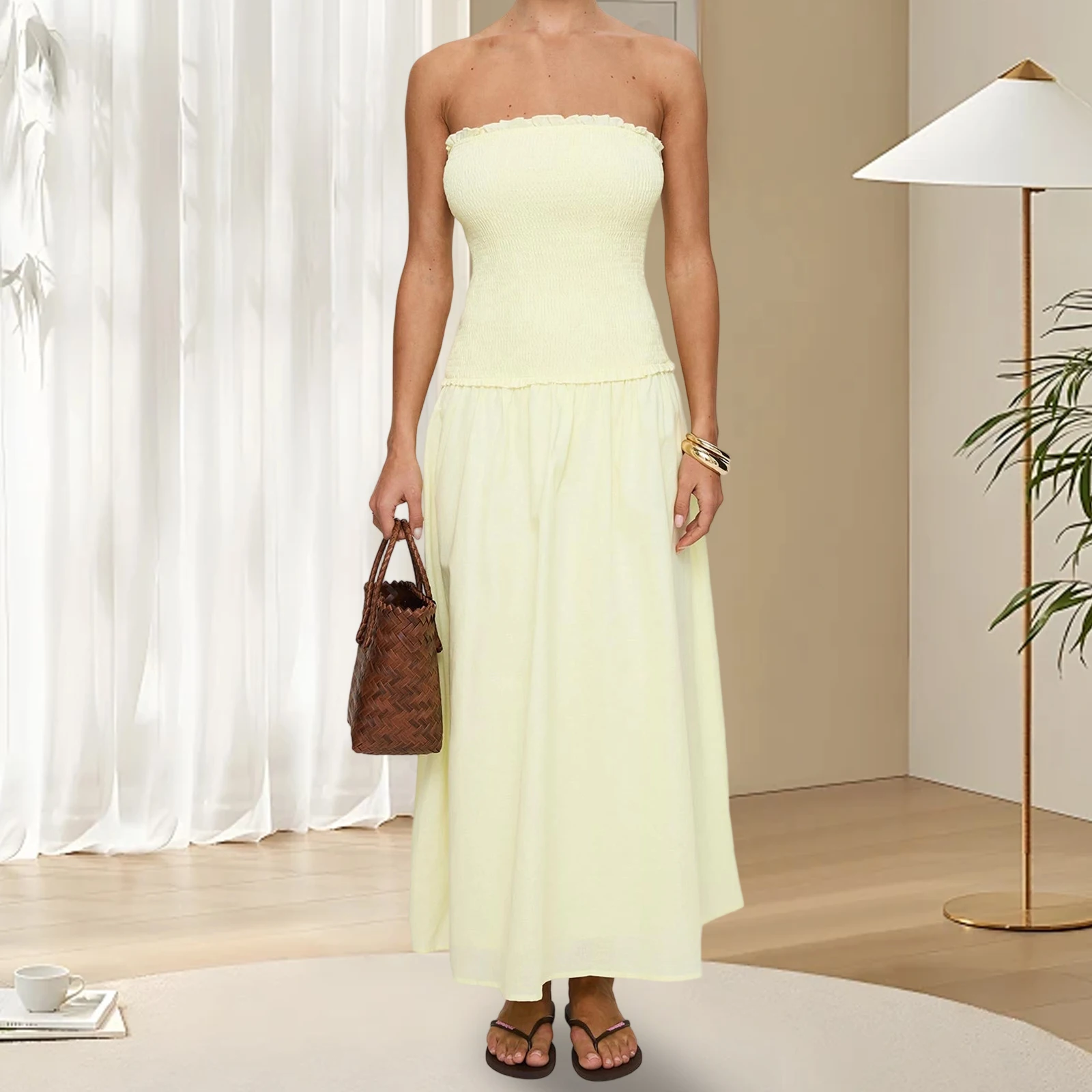 Women's Strapless Dress Stylish Solid Color Patchwork Ruffled Trim Smocked A Line Tube Long Dress for Spring